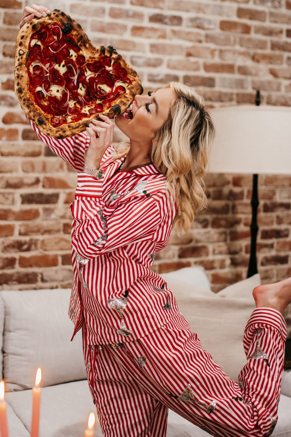 Unwind in Style: Eat pizza and shop Striped PJ Set with Long Pants and Sequin Martini Accents - Shop Now for Comfort and Glamou