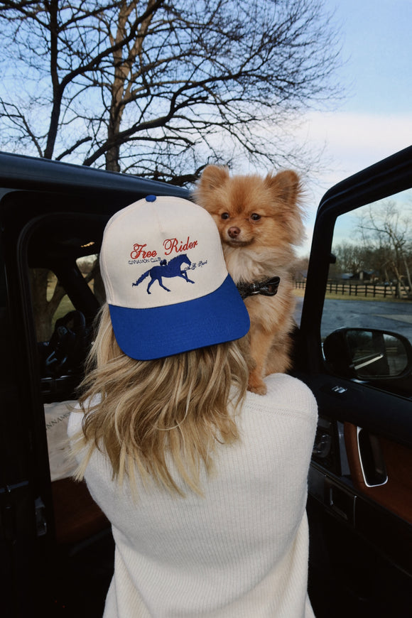 Classic Elegance: Cream and Blue Leather Rider Hat for Timeless Style - Shop Cinnamon Club